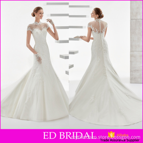 Alibaba China Factory Cap Sleeve Appliques Spot Tulle High Neck Dresses For Wedding